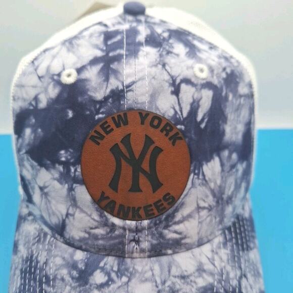 New York Yankees Tie Dye Trucker Snapback Leather Patch Hat MLB The Game Cotton - Picture 2 of 7